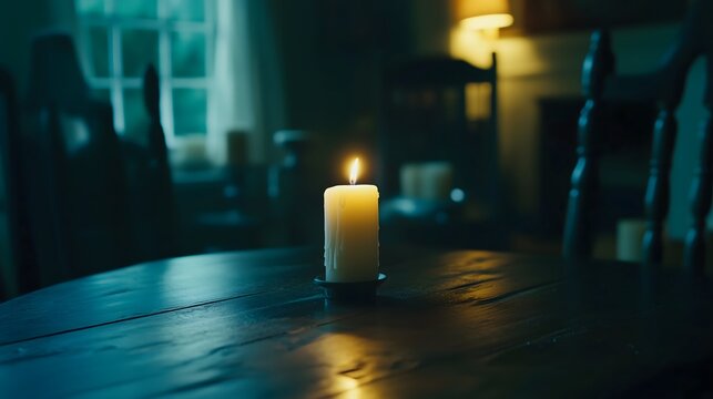 Dark room with faint emergency exit sign glow during power blackout, capturing sudden disruption and eerie stillness with scattered objects faintly visible in dim light.