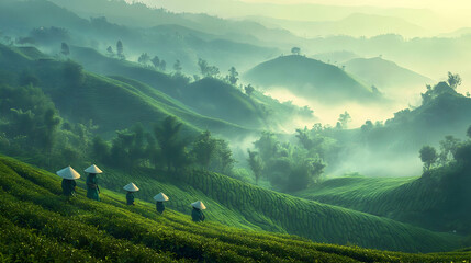 Obraz premium Misty Green Tea Plantation Landscape: Serene Sunrise in Lush Hills