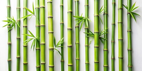 Fototapeta premium Serene arrangement of vibrant green bamboo stalks with delicate foliage against a clean white backdrop