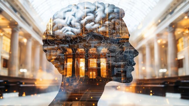 Legal compliance brain overlays in a law firm setting professional atmosphere insightful conceptual imagery