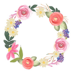Collection of spring colorful flower wreath Set floral of wildflower, leaf branch, foliage on white background. Hand drawn blossom illustration
