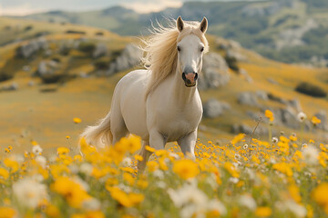 Cheerful white horse grazing in a sunny meadow filled with yellow flowers, showcasing a serene and idyllic rural landscape.