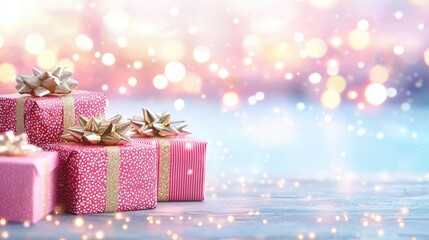 Fototapeta premium Festive Pink Gifts with Gold Bows Holiday Background