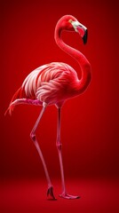 Fototapeta premium A pink flamingo standing on a red background
