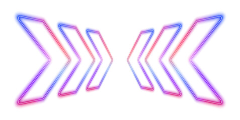 A modern neon arrow design cuts through a white background, emitting a glowing light effect. This abstract vector artwork showcases high-speed technology in motion in PNG format. © Mirotvoric