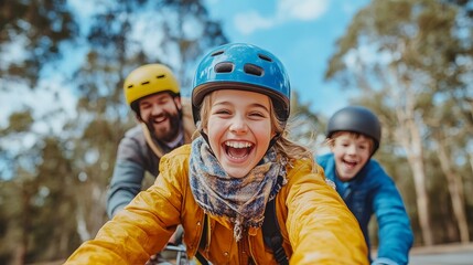 Joyful Family Bicycle Ride Father And Children Smiling, Sharing Fun Outdoor Adventure Together.