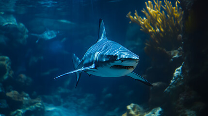Obraz premium A magnificent blue shark with an elegant proud look swimming in the depths of the sea close-up