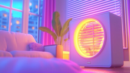 Modern Fan Cozy Room Neon Lights Home Comfort Night Scene