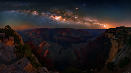 Fototapeta premium Majestic Grand Canyon Under the Milky Way and a Lightning Strike