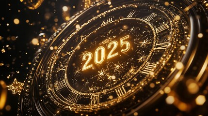 Fototapeta premium Midnight Countdown Clock with Roman Numerals, Neon 2025, and Festive Gold Accents for New Year Celebration