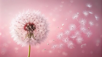 Delicate Dandelion Seeds Floating on a Pink Background, a Symbol of Wishes and Change