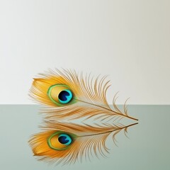 Obraz premium Golden peacock feather lying on a reflective surface, white background
