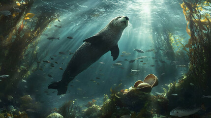 Fototapeta premium Majestic Sea Otter in Kelp Forest: Underwater Wildlife Photography