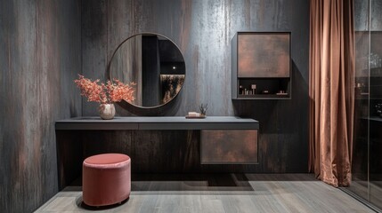 Modern vanity with copper accents, round mirror, and pink ottoman in a dark room.
