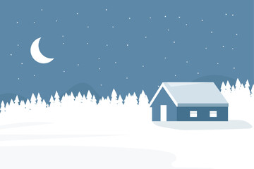 Naklejka premium winter night illustration of a festive winter house against the background of a forest in the snow against the backdrop of the moon and stars