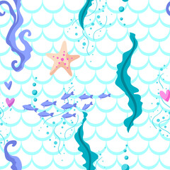 Pattern with sea creations. Underwater decorative fish and algae texture.