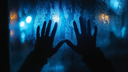 Silhouetted Hands Against Frosted Blue Window