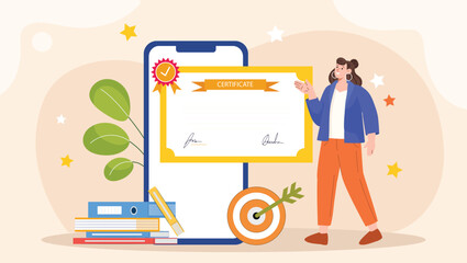 An illustration depicting a digital certificate award concept, featuring a person receiving a digital certificate on a screen, with elements like a glowing certificate