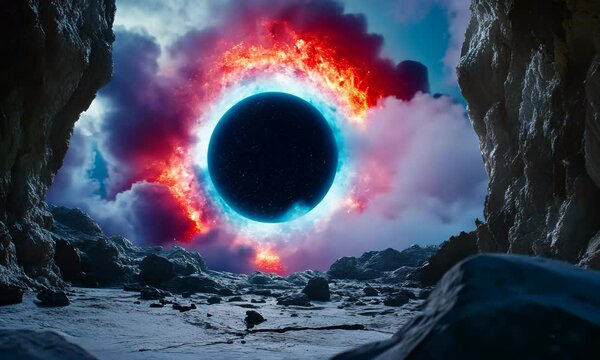 A surreal landscape featuring a dark celestial body surrounded by vibrant, fiery clouds. The scene is set in a rocky cave, with a view of the cosmic phenomenon outside.