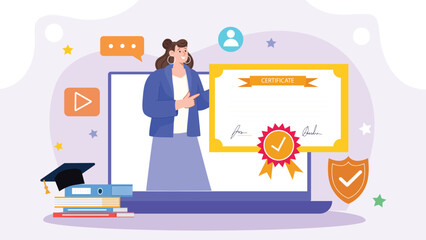 An illustration depicting a certification ceremony and success, showcasing an individual receiving a certificate on stage with a celebratory atmosphere