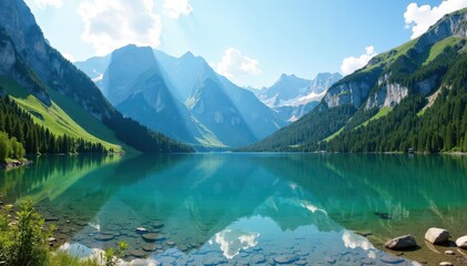 Panoramic mountain lake in serene Italian Tyrolean landscape , serenity, alpine