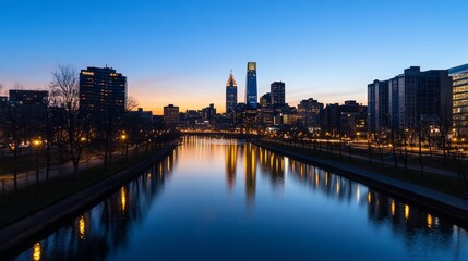 City skyline at dusk reflecting in a river.
