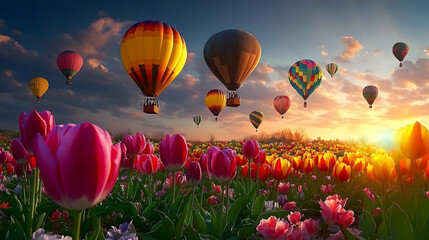 Naklejka premium Hot Air Balloons over a Stunning Tulip Field at Sunset
