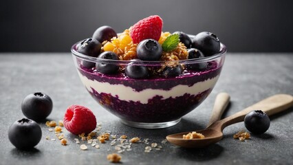 bowl of acai with topping isolated on transparent background. generative ai