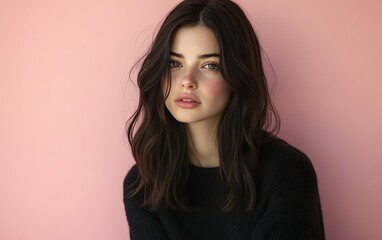 Fototapeta premium Young woman with long dark hair, wearing a black sweater, posing against a pink background.