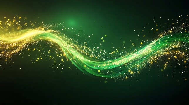 A glowing green and gold swirl of light particles, creating a festive tone