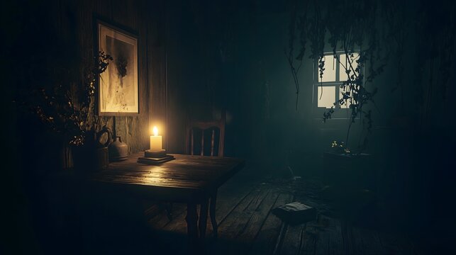 Dark room with faint emergency exit sign glow during power blackout, capturing sudden disruption and eerie stillness with scattered objects faintly visible in dim light.