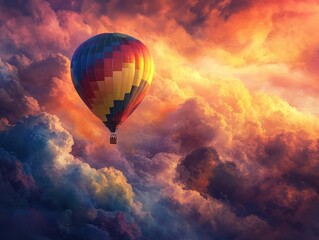 Hot air balloon adventure at sunset over colorful clouds aerial photography scenic landscape dreamy atmosphere