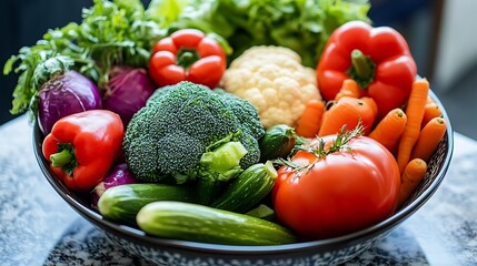 Close Up of Vibrant Vegetables on Stylish Marble Countertop