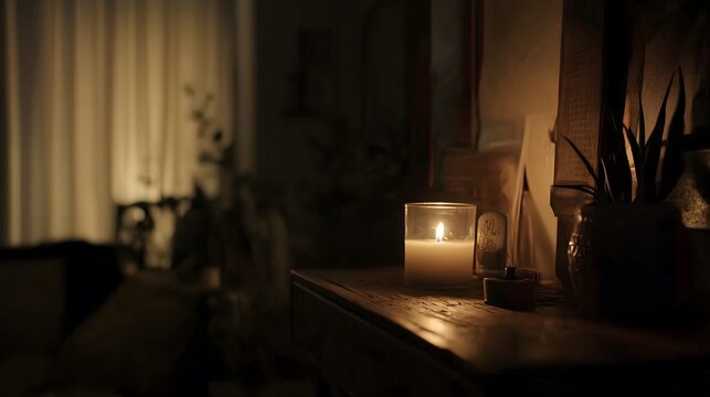 Dark room with faint emergency exit sign glow during power blackout, capturing sudden disruption and eerie stillness with scattered objects faintly visible in dim light.