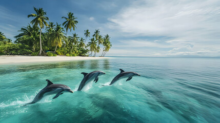 Three Dolphins leaping near a tropical beach