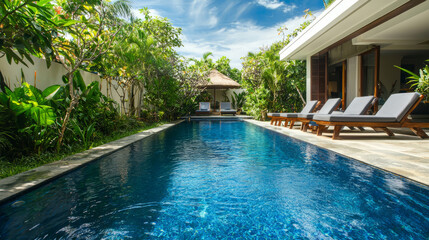 Obraz premium Luxury outdoor swimming pool with lush tropical garden