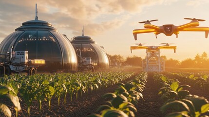Obraz premium Agricultural innovation using drones modern farm technology showcase sunset environment aerial view sustainable farming concepts