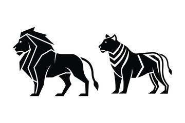 Stylized Lion and Tiger Icon Black Silhouette Vector Design.