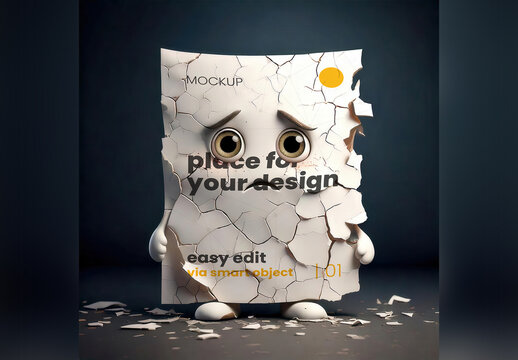 Broken in Pieces Sad Face Character Page Poster Mockup