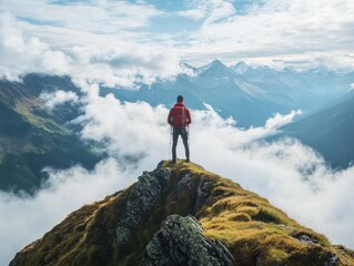 Adventurous hiker overlooks majestic mountains alpine landscape scenic photography tranquil environment captivating perspective