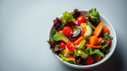 A vibrant bowl of fresh vegetable salad featuring cherry tomatoes, cucumber slices, shredded carrots, lettuce, onions, and dates, showcasing a healthy and colorful meal option