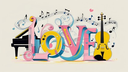 A colorful illustration blends musical instruments with the word "LOVE". A piano, violin, and colorful waves enhance the joyous celebration of music and affection