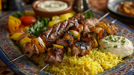 Delicious Middle Eastern Chicken and Vegetable Skewers with Yellow Rice