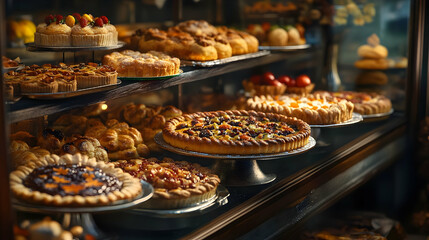A delightful display of freshly baked pastries and cakes in a bakery