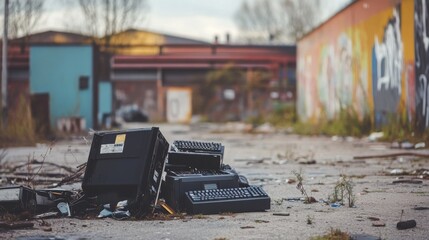 Electronic waste pile of discarded computer monitors, keyboards, and other electronic devices, symbolizing the growing issue of e-waste and the need for sustainable technology solutions.