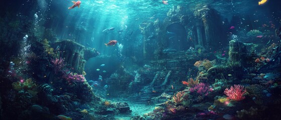 Obraz premium Underwater adventure exploring an ancient sunken city ocean depths digital art vibrant coral reef wide-angle view mystical beauty