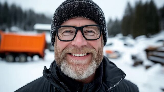 Homme barbu souriant dans un d&eacute;cor avec de la neige en hiver. Smiling bearded man in a winter snow scene.