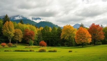 trees with orange and yellow leaves in a field with mountains in the background