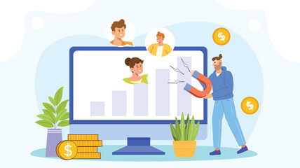 An illustration showcasing an optimized online funnel strategy for leads, featuring a digital marketing funnel with stages such as awareness
