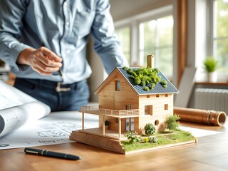 architect with blueprints. Architect reviewing blueprints with sustainable model house on table
